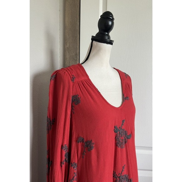 Free People Dress Women XS Red Austin Mini Embroidered Boho Lining Pullover - Picture 5 of 13